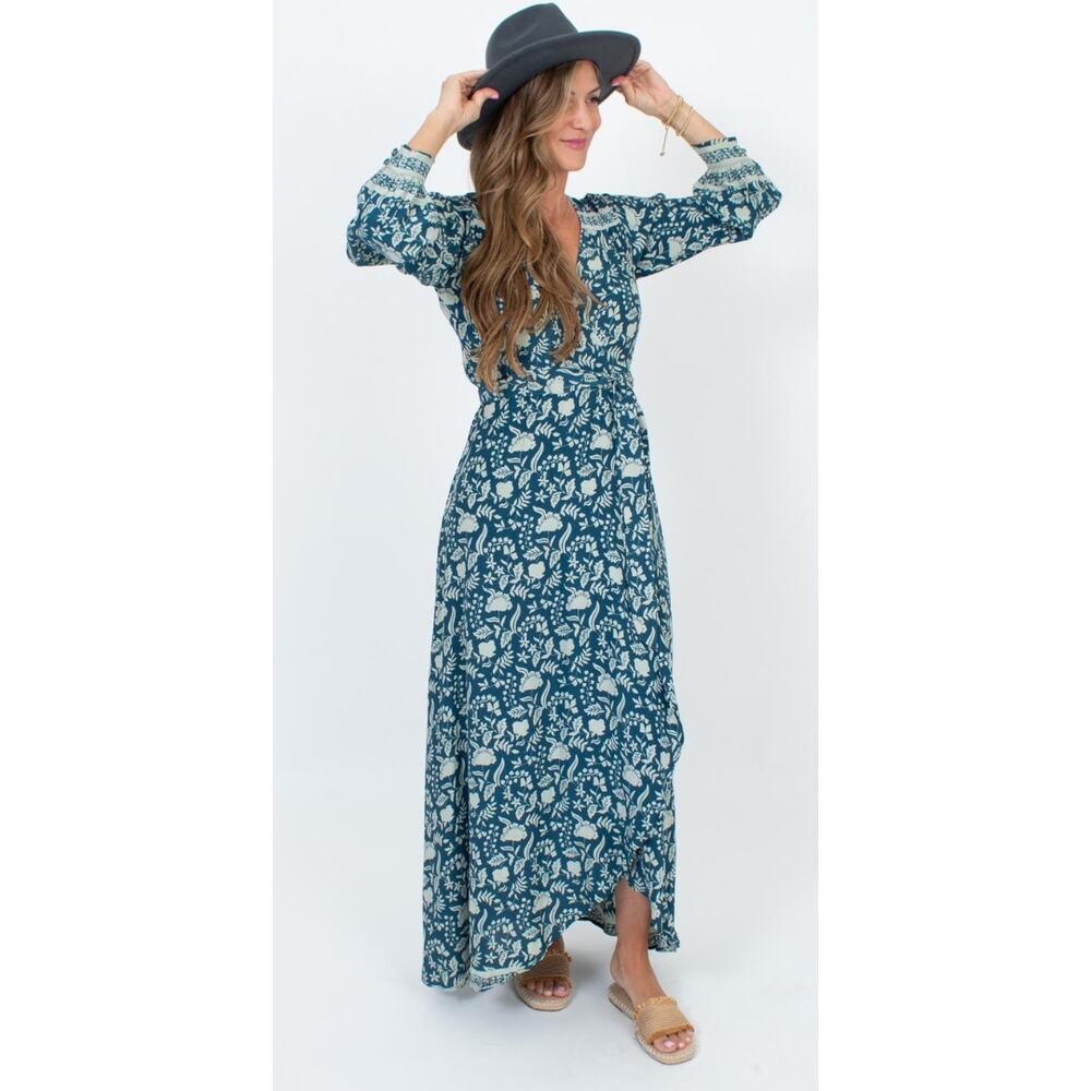 Natalie Martin Dress Silk Floral Wrap Long‎ Sleeve Kate Blue Maxi Dress S - Picture 6 of 11